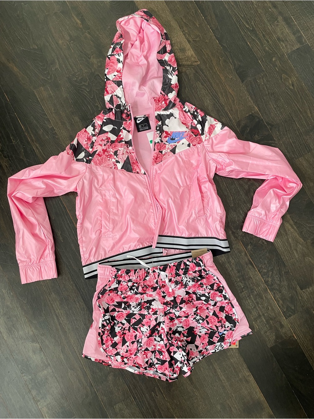 Nike Pink Floral Hooded Windbreaker Jacket and Matching Shorts